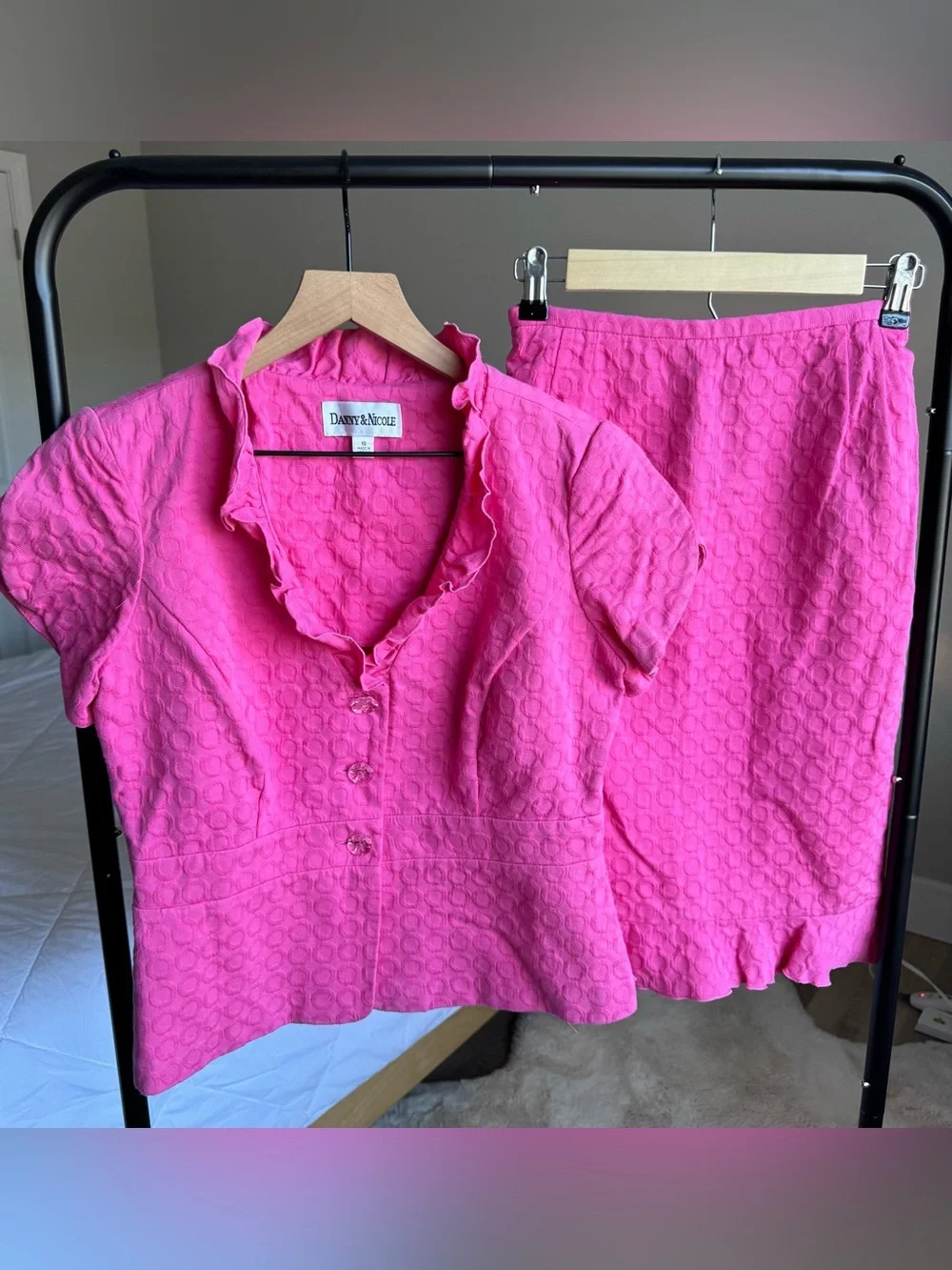 Danny & Nicole Bright Pink Textured Ruffle Collar Blouse and Skirt Set
